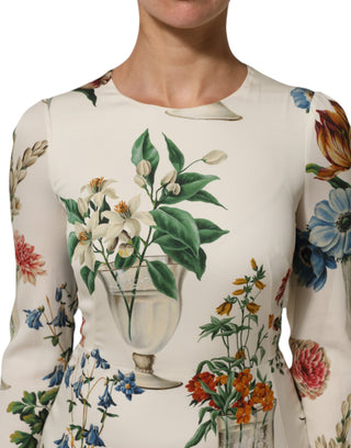 Weißes Blumen-Vasen-Seidenscheiden-Midikleid