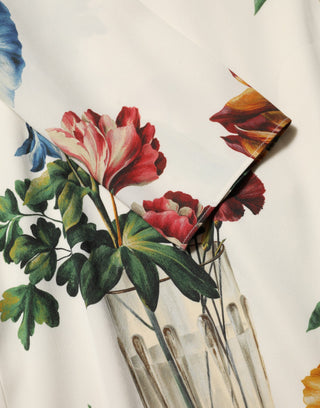 Weißes Blumen-Vasen-Seidenscheiden-Midikleid