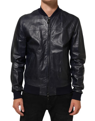 Blaue Leder-Bikerjacke mit durchgehendem Reißverschluss