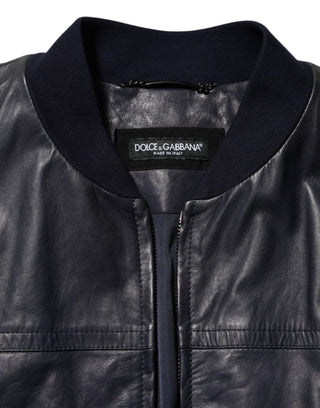 Blue Leather Full Zip Biker Blouson Jacket