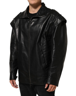 Schwarze Leder-Bikerjacke mit durchgehendem Reißverschluss