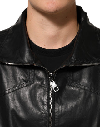 Schwarze Leder-Bikerjacke mit durchgehendem Reißverschluss