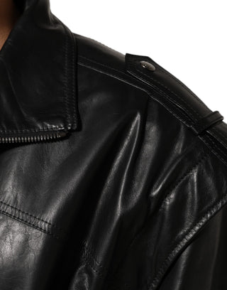 Schwarze Leder-Bikerjacke mit durchgehendem Reißverschluss