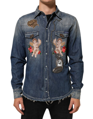 Camisa de hombre de mezclilla con parche de ángel azul y botones