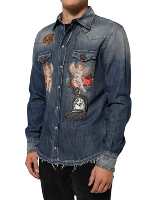 Camisa de hombre de mezclilla con parche de ángel azul y botones