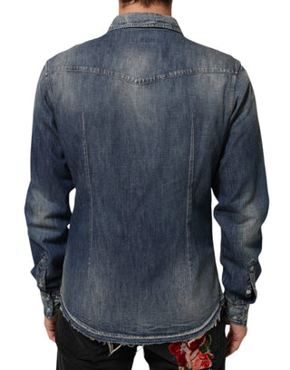 Camisa de hombre de mezclilla con parche de ángel azul y botones