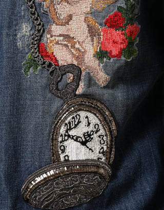 Camisa de hombre de mezclilla con parche de ángel azul y botones