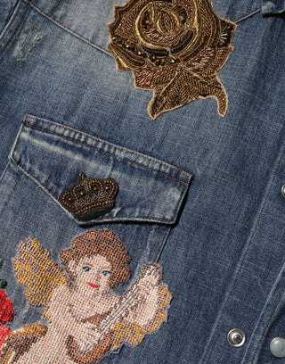 Camisa de hombre de mezclilla con parche de ángel azul y botones