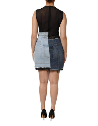 Blaues Denim-Mini-Kleid im Patchwork-Stil aus Nylon