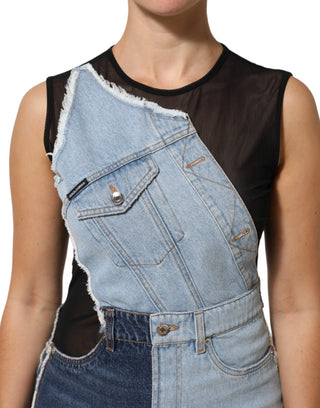 Blaues Denim-Mini-Kleid im Patchwork-Stil aus Nylon
