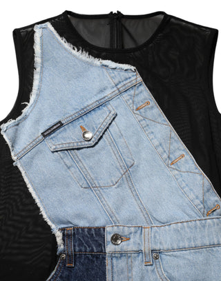 Blaues Denim-Mini-Kleid im Patchwork-Stil aus Nylon