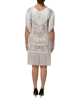 Weißes knielanges Kleid mit Blumenmuster, Spitze und Fransen