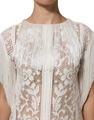 Weißes knielanges Kleid mit Blumenmuster, Spitze und Fransen