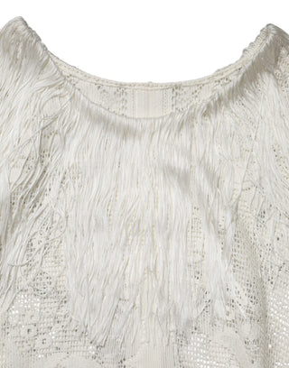 Weißes knielanges Kleid mit Blumenmuster, Spitze und Fransen