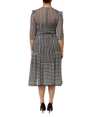Schwarz-weiß gestreiftes Seiden-Midikleid mit V-Ausschnitt