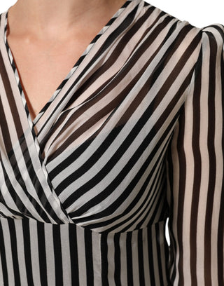 Schwarz-weiß gestreiftes Seiden-Midikleid mit V-Ausschnitt