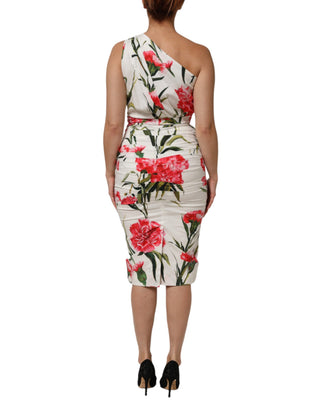 Weißes, ärmelloses, figurbetontes Kleid mit Blumenmuster und One-Shoulder-Träger