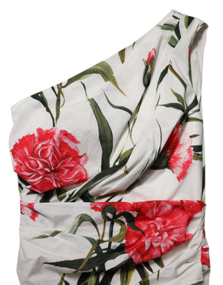 Weißes, ärmelloses, figurbetontes Kleid mit Blumenmuster und One-Shoulder-Träger