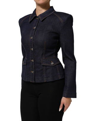 Dunkelblaue Baumwoll-Jeansjacke mit Kragen