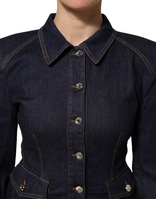 Dunkelblaue Baumwoll-Jeansjacke mit Kragen