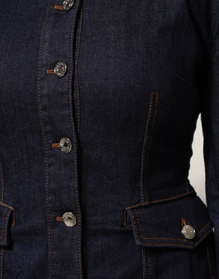 Dunkelblaue Baumwoll-Jeansjacke mit Kragen
