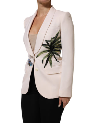 Chaqueta beige bordada de un solo botón