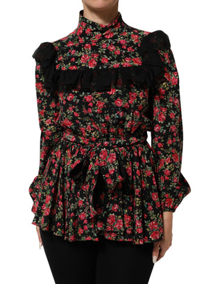 Schwarze Bluse mit Blumenmuster und langen Ärmeln