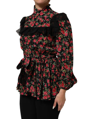 Schwarze Bluse mit Blumenmuster und langen Ärmeln