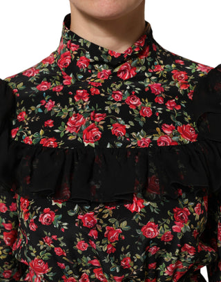 Schwarze Bluse mit Blumenmuster und langen Ärmeln