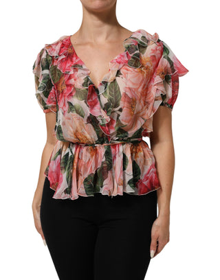 Seiden-V-Ausschnitt-Bluse mit pinkfarbenen Kamelien