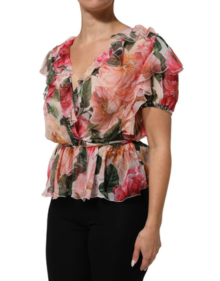 Seiden-V-Ausschnitt-Bluse mit pinkfarbenen Kamelien