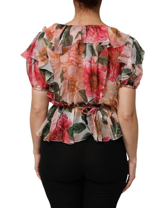 Seiden-V-Ausschnitt-Bluse mit pinkfarbenen Kamelien