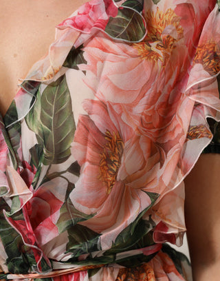 Seiden-V-Ausschnitt-Bluse mit pinkfarbenen Kamelien