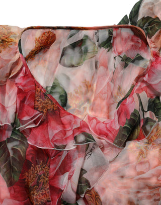 Seiden-V-Ausschnitt-Bluse mit pinkfarbenen Kamelien