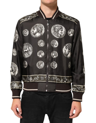 Chaqueta bomber de seda negra con estampado de moneda "Monete"