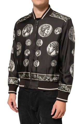 Chaqueta bomber de seda negra con estampado de moneda "Monete"