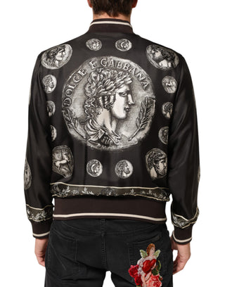 Chaqueta bomber de seda negra con estampado de moneda "Monete"