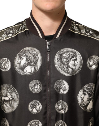 Chaqueta bomber de seda negra con estampado de moneda "Monete"