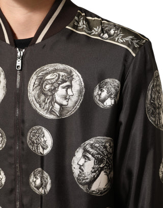 Chaqueta bomber de seda negra con estampado de moneda "Monete"