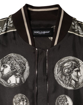 Chaqueta bomber de seda negra con estampado de moneda "Monete"