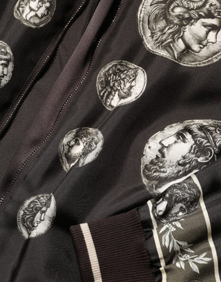 Chaqueta bomber de seda negra con estampado de moneda "Monete"