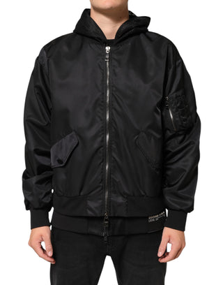 Chaqueta bomber negra para hombre de nailon con capucha y cremallera completa