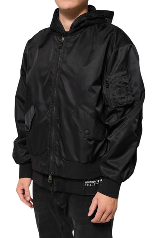 Chaqueta bomber negra para hombre de nailon con capucha y cremallera completa