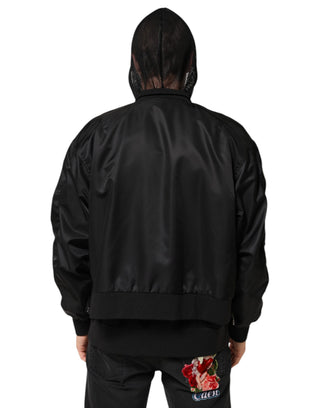 Chaqueta bomber negra para hombre de nailon con capucha y cremallera completa