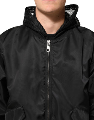 Chaqueta bomber negra para hombre de nailon con capucha y cremallera completa