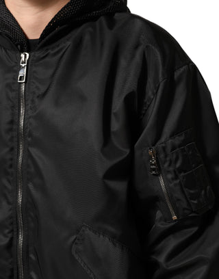 Chaqueta bomber negra para hombre de nailon con capucha y cremallera completa