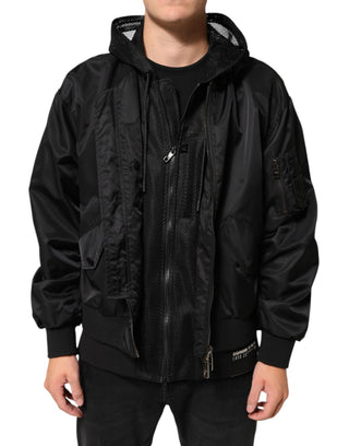 Chaqueta bomber negra para hombre de nailon con capucha y cremallera completa