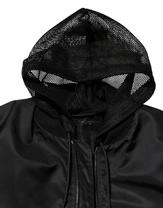Chaqueta bomber negra para hombre de nailon con capucha y cremallera completa