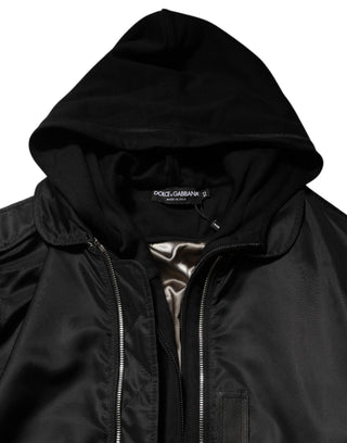 Black Cotton Hooded Full Zip Bomber Jacket