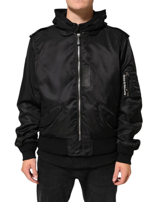 Chaqueta bomber negra de algodón con capucha y cremallera completa